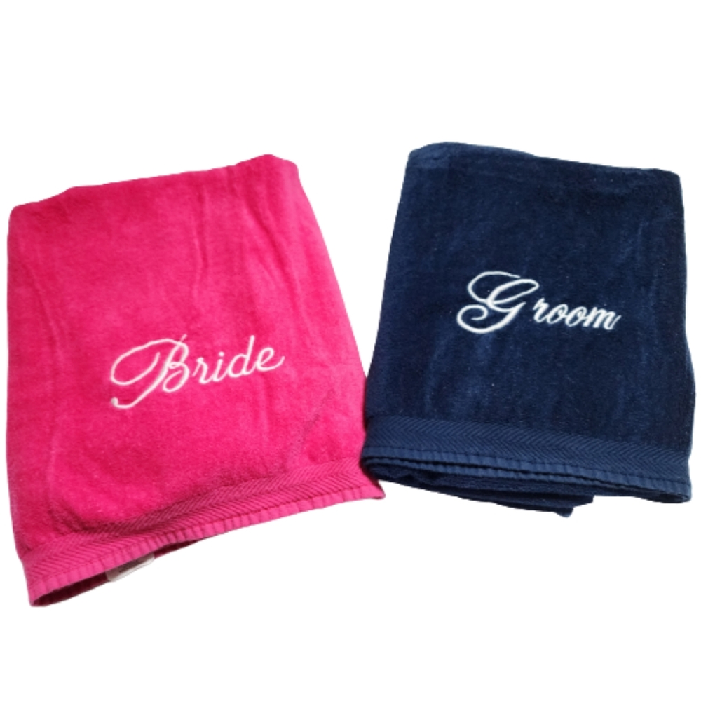 Bride and Groom beach towels set of two honeymoon beach towels Pink and Blue